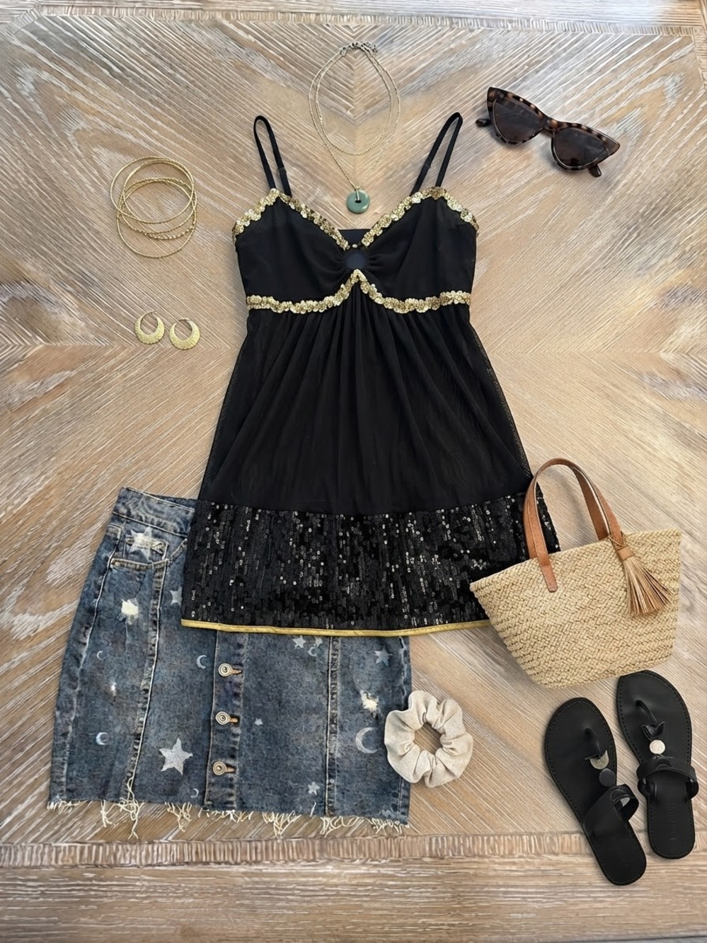 Black Sequin-Trim Cami Top with Gold Accents